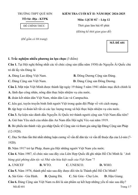 Đề thi Học kì 2 Lịch sử 12 năm 2024-2025 trường THPT Quế Sơn (Đà Nẵng)